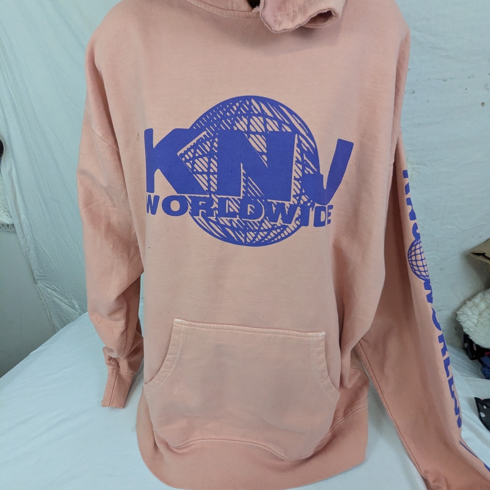 KNJ NWOT Worldwide Salmon Pink Hoodie with Blue Graphics XXL